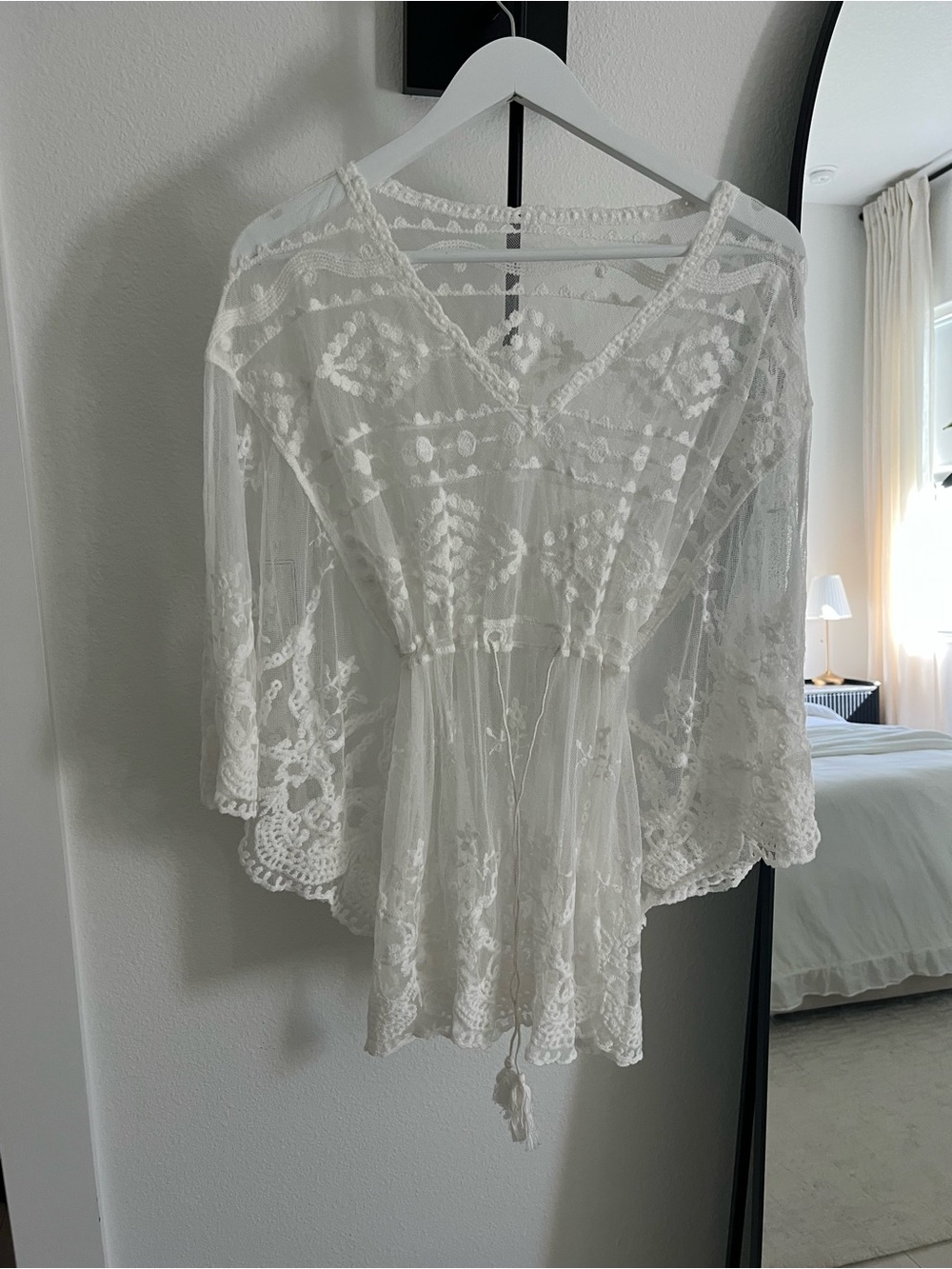 a new day White Sheer Lace Tie-Waist Kaftan Robe